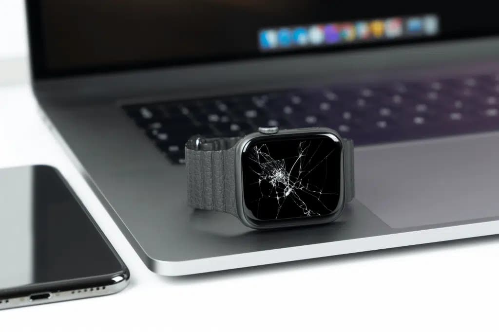 Apple Watch avec écran fissuré sur poignet